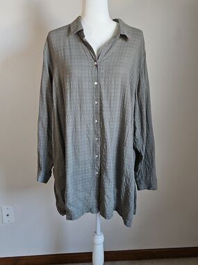 J Jill 2X Tonal Olive Plaid Button Tunic Blouse Casual Staple Lagenlook Office